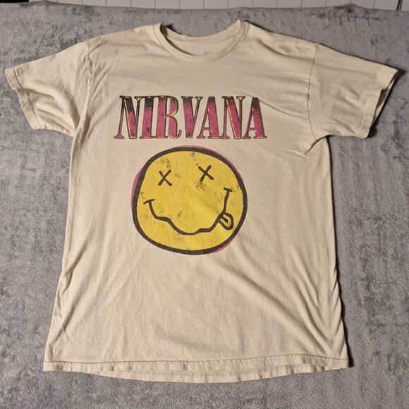Nirvana Smiley Face Graphic Short Sleeve T-Shirt Tan Size Large Cotton - Picture 1 of 6